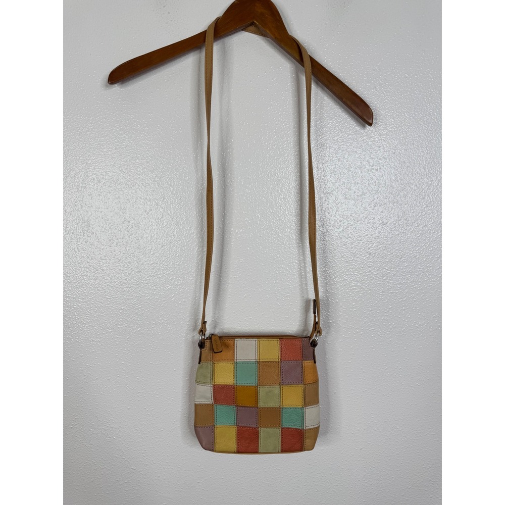 Fossil Tan Leather Patchwork Crossbody Bag Multicolor Small Zip Top Messenger